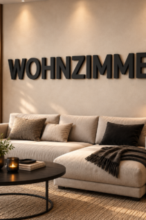 Schwarze 3D-Buchstaben mit dem Schriftzug WOHNZIMMER an der Wand über einem Sofa