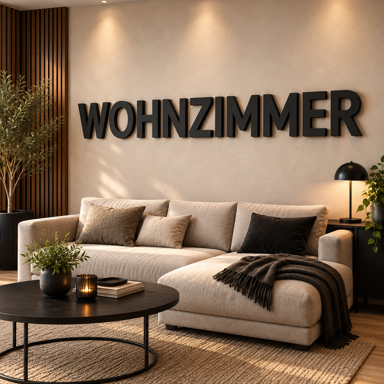 Schwarze 3D-Buchstaben mit dem Schriftzug WOHNZIMMER an der Wand über einem Sofa