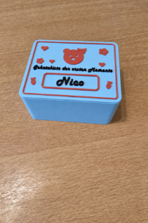Geschlossene personalisierte Schatzkiste aus 3D-Druck in Hellblau mit rotem Deckelmotiv und Name Nico, auf Holztisch von oben aufgenommen.